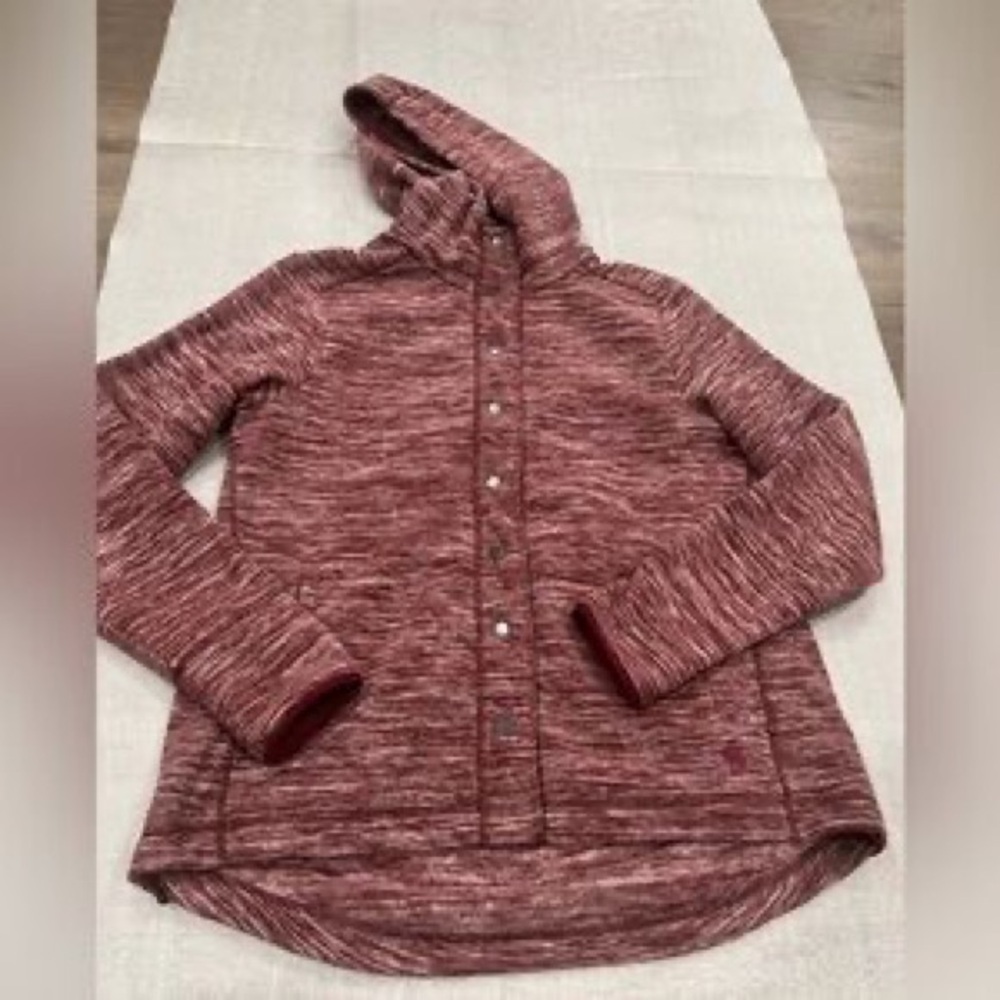 Marled Hooded Snap-Front Knit Jacket in Burgundy - Picture 1 of 4